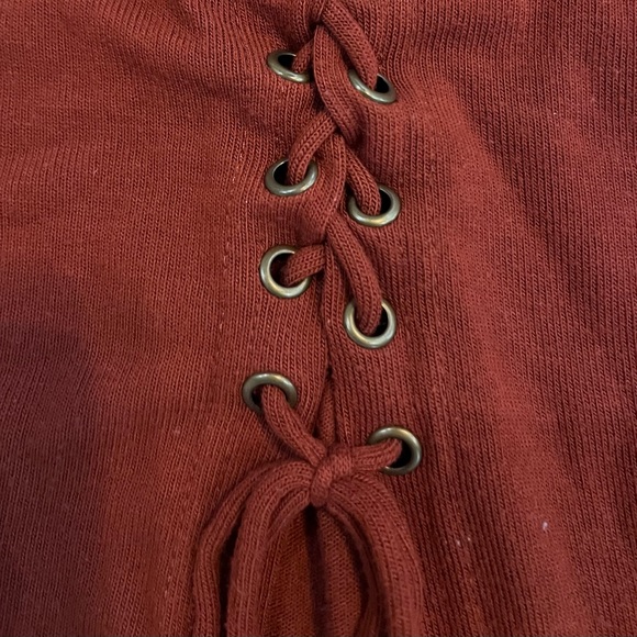 She & Sky lace up back burnt orange rust sweater with elbow patches size medium - Picture 7 of 8